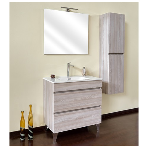 Mobile bagno sospeso olmo perla, 100cm, base con lavabo, specchio e colonna