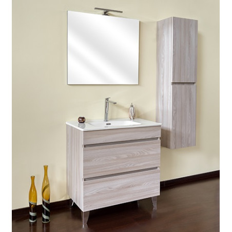 Mobile bagno sospeso olmo perla, 100cm, base con lavabo, specchio e colonna