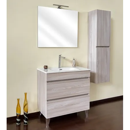 Mobile bagno sospeso olmo perla, 100cm, base con lavabo, specchio e colonna