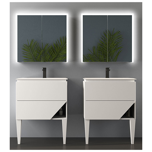Mobile da bagno doppio bianco opaco, 140cm, base con lavabo e specchio a led