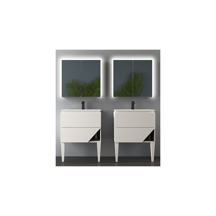 Mobile da bagno doppio bianco opaco, 140cm, base con lavabo e specchio a led