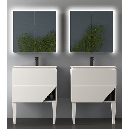 Mobile da bagno doppio bianco opaco, 140cm, base con lavabo e specchio a led