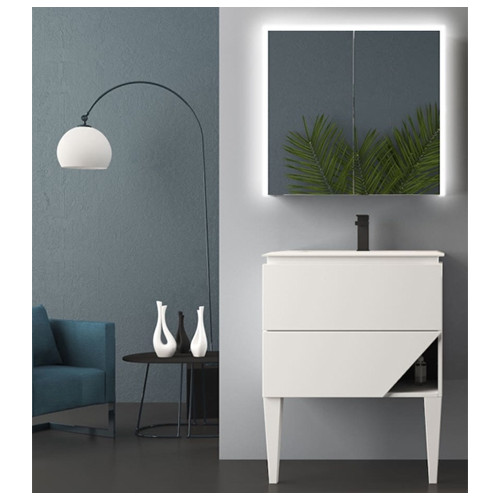 Mobile da bagno bianco opaco, 70cm, base con lavabo e specchio contenitore led