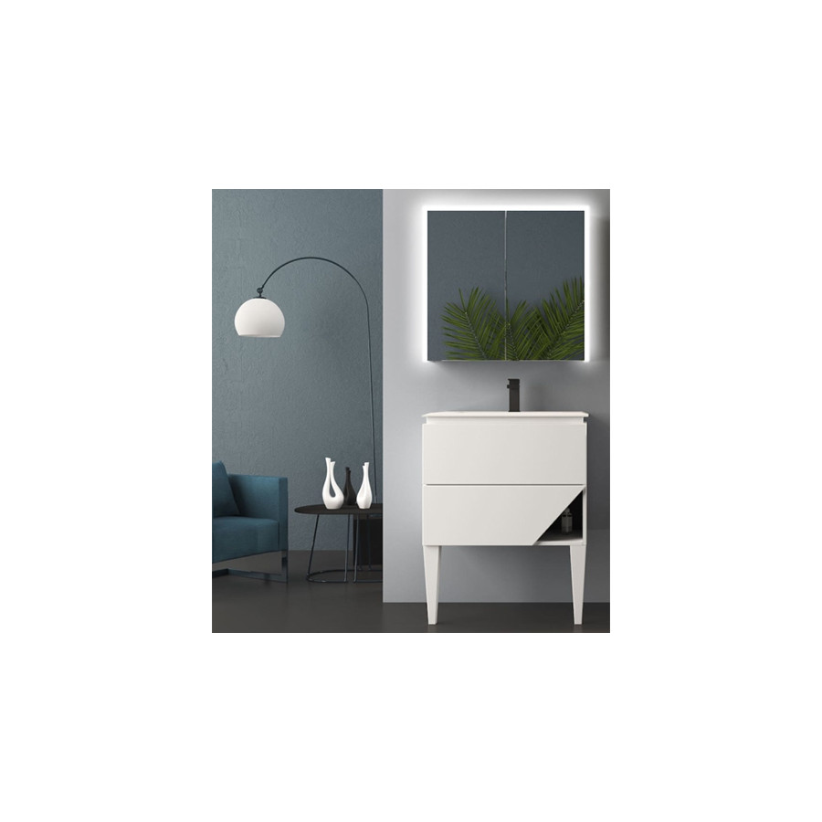 Mobile da bagno bianco opaco, 70cm, base con lavabo e specchio contenitore led