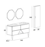 Mobile da bagno bianco opaco, 140cm, base con lavabo, specchi e colonna