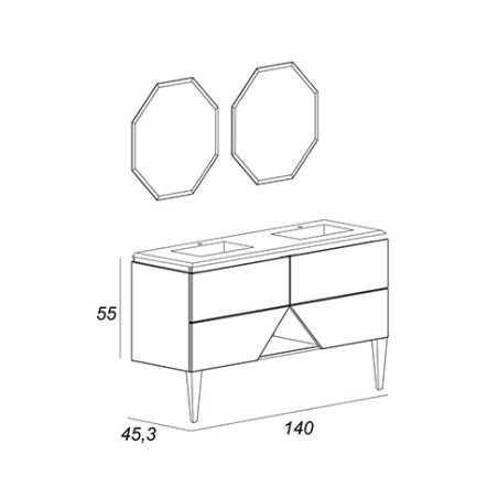 Mobile da bagno bianco opaco, 140cm, base con lavabo e specchi