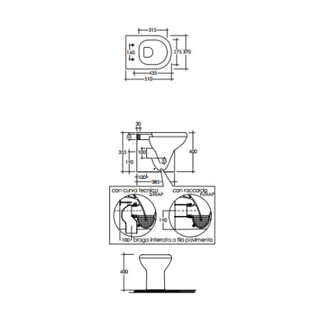 Sanitari bagno vaso wc water filo muro a terra compreso di curva tecnica, senza coprivaso, Compact, ceramica bianca