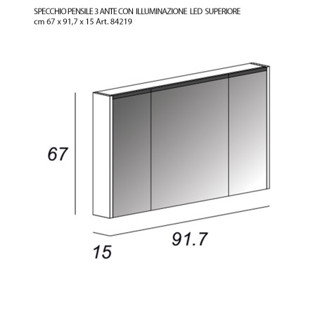 Specchio contenitore bagno pensile 3 ante led cm 92x67x15