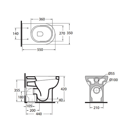 Sanitari bagno vaso wc water filo muro a terra compreso di curva tecnica, senza coprivaso, Nuvola Azzurra, ceramica bianca