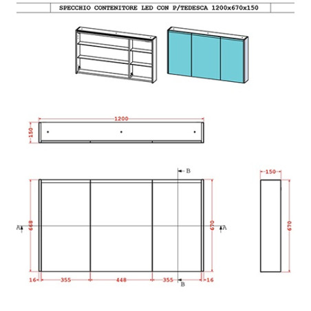Specchio bagno pensile contenitore 3 ante led cm 120x67x15