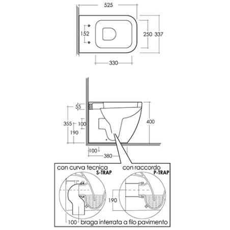 Sanitari bagno vaso wc water filo muro a terra compreso di curva tecnica, senza coprivaso, Metropolitan Rak, ceramica bianca
