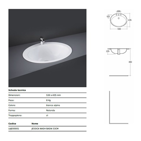 Lavabo soprapiano da incasso in ceramica cm 53 x 43,5 x 22,5