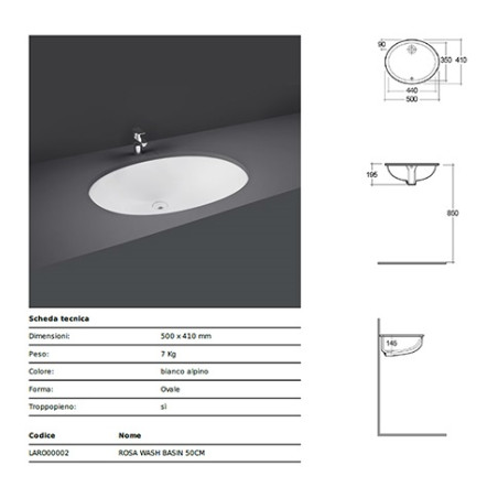 Lavabo sottopiano da incasso in ceramica cm 50 x 41 x19.5