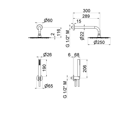 Kit doccia tondo cromo con presa acqua e soffione diam 250