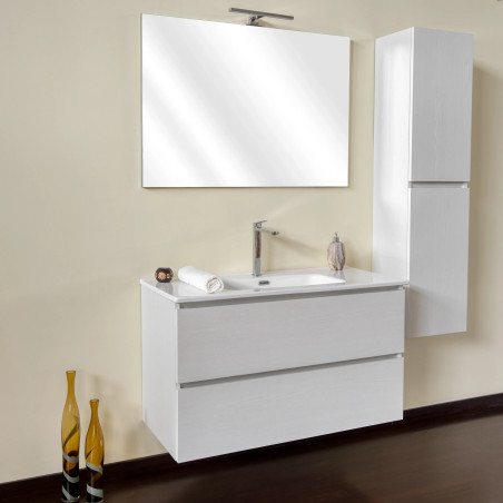 Mobile Bagno 100 cm Frassino Moire con Lavabo, Specchio e Colonna