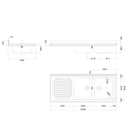Lavello cucina appoggio acciaio Inox cm 120 vasche a destra