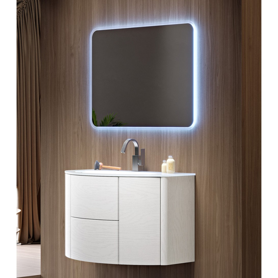 Mobile bagno sospeso bianco frassino cm 90 con specchio led