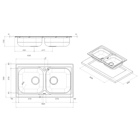 Lavello cucina incasso acciaio Inox cm 86 x 50 con 2 vasche