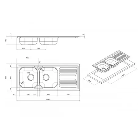 Lavello cucina incasso acciaio Inox cm 116 vasche a sinistra