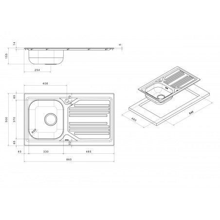 Lavello cucina incasso acciaio Inox cm 86 x 50 vasca destra