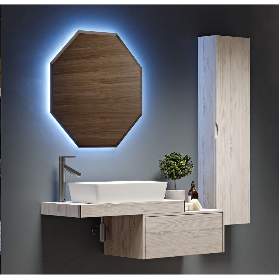 Mobile bagno tavolone sospeso rovere sbiancato cm 90 specchio e colonna