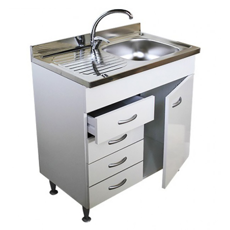 Mobile Sottolavello Bianco 80 cm con 4 Cassetti e Lavello Inox