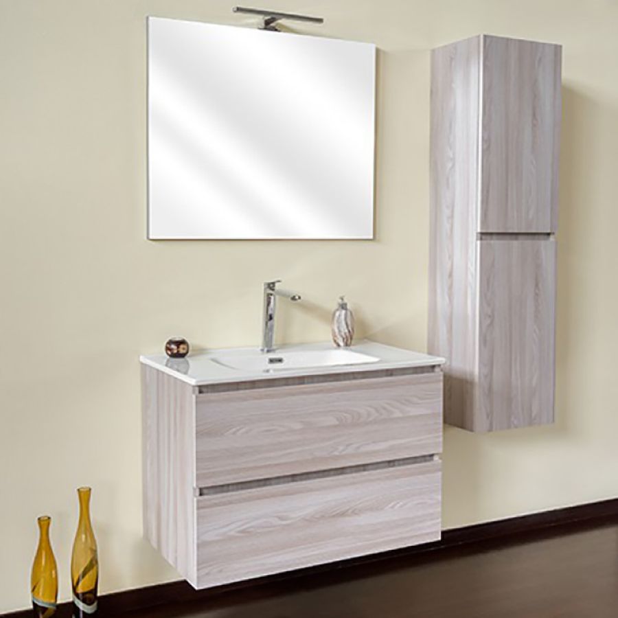 Mobile Bagno 80 cm Olmo Perla con Lavabo, Specchio e Colonna