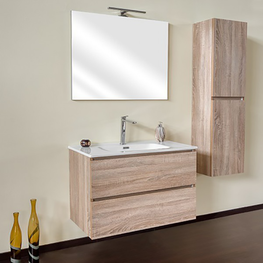 Mobile Bagno 80 cm Rovere Well con Lavabo, Specchio e Colonna