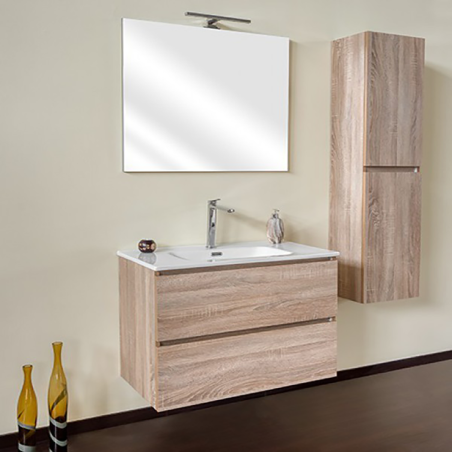 Mobile Bagno 80 cm Rovere Well con Lavabo, Specchio e Colonna