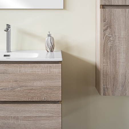 Mobile Bagno 80 cm Rovere Well con Lavabo, Specchio e Colonna
