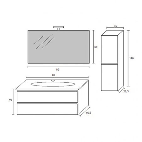 Mobile Bagno 80 cm Rovere Well con Lavabo, Specchio e Colonna