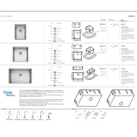 Lavello Cucina Monovasca Inox 38 x 44 cm con Tripla Installazione