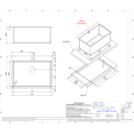 Lavello Cucina Monovasca 76 x 51 cm Inox AISI 304 Filotop e Incasso