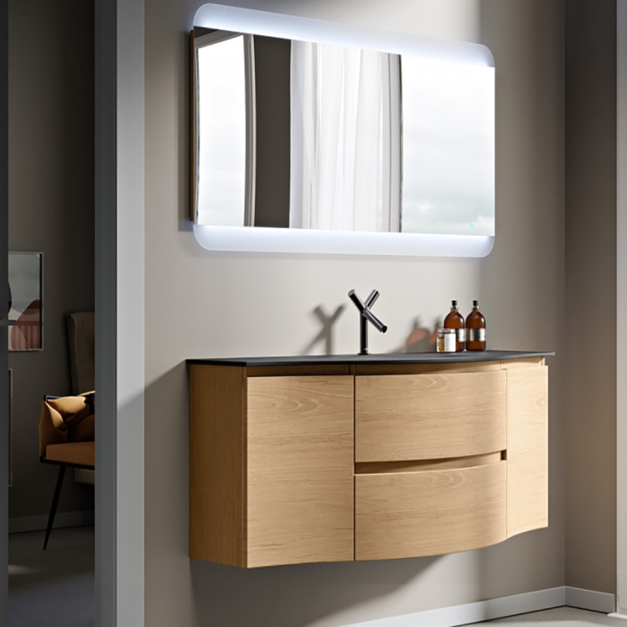 Vague | Mobile Bagno Rovere Tabacco 138 cm con Lavabo Nero e Specchio
