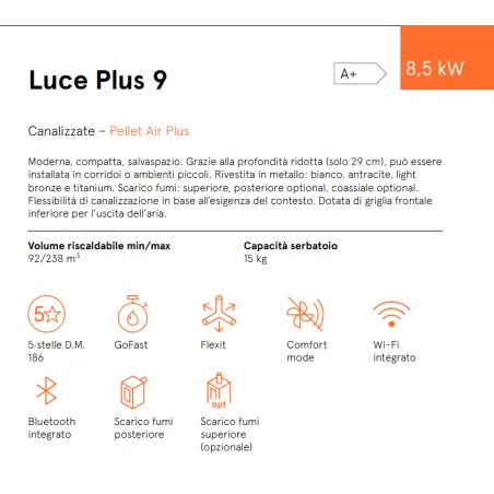 Stufa a Pellet Luce Plus 9 kW Ventilata Slim Cadel