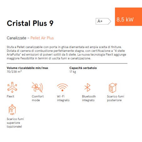 Stufa a Pellet Cristal Plus 9 kW Ventilata Slim Cadel