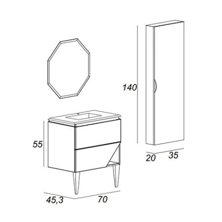 Mobile bagno sospeso olmo perla, 100cm, base con lavabo, specchio e colonna