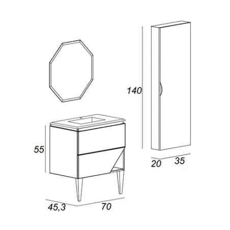 Mobile bagno sospeso olmo perla, 100cm, base con lavabo, specchio e colonna