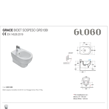 Bidet sospeso Grace Globo GRS10 in ceramica bianca