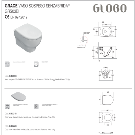 Sanitari sospesi Grace Globo con copriwater originale