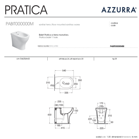 Serie Sanitari Azzurra Pratica: vaso, bidet e copriwater
