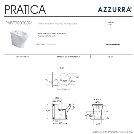 Set Vaso Bidet e Copriwater Pratica Azzurra Bianco Lucido