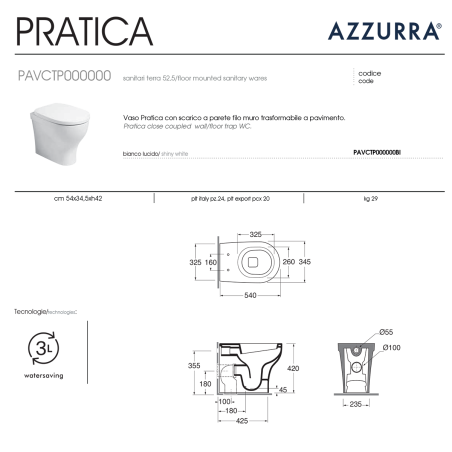 Serie Sanitari Azzurra Pratica: vaso, bidet e copriwater