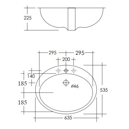 Lavabo soprapiano da incasso in ceramica cm 63,5 x 53,5