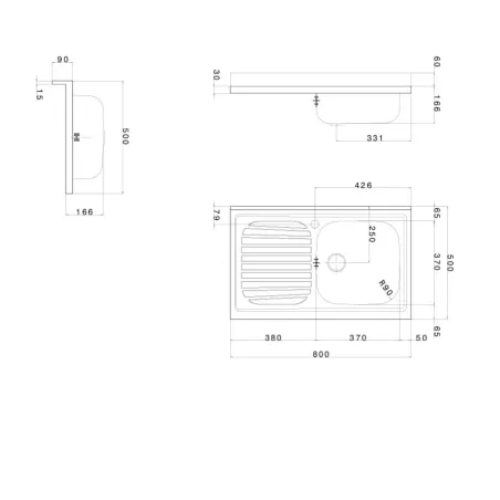 Lavello Appoggio Inox 80 cm 1 Vasca a Destra Pisa