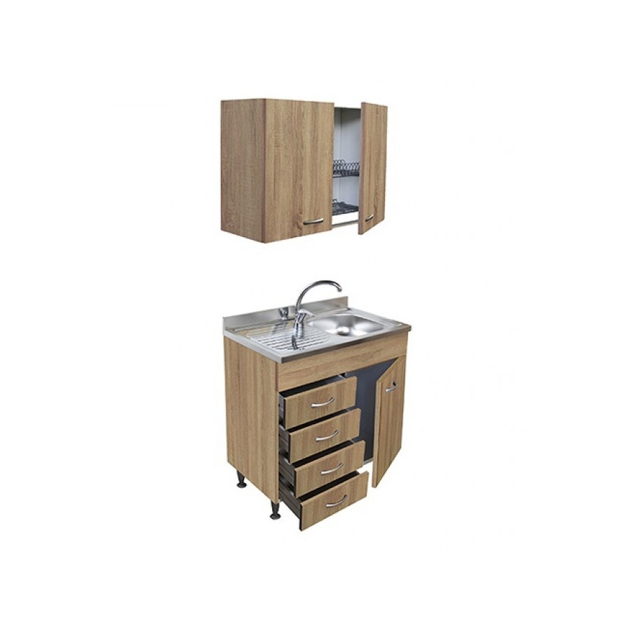 Sottolavello Rovere 80 cm con Cassetti a Sinistra, Lavello Inox e Colapiatti