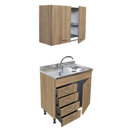 Sottolavello Rovere 80 cm con Cassetti a Sinistra, Lavello Inox e Colapiatti
