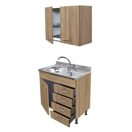 Sottolavello Rovere 80 cm con Cassetti a Destra, Lavello e Colapiatti
