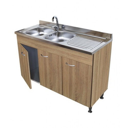 Sottolavello Rovere 3 Ante 120 Cm Con Lavello Inox 2 Vasche