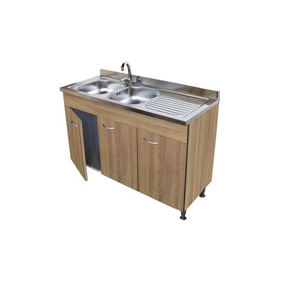 Sottolavello Rovere 3 Ante 120 Cm Con Lavello Inox 2 Vasche